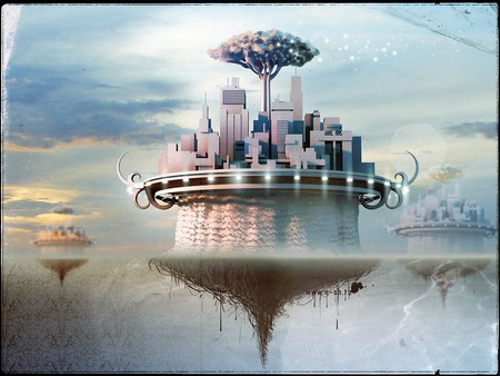 Floating steel cities - clouds, floating, steel, amazing, lights, roots, tree