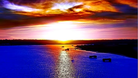 Reflection Of Dawn - clouds, ray, light, reflection, mountain, colorful, lake, sun, sky