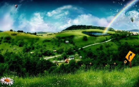 BALLOON RAINBOW - rainbow, houses, hills, trees, field, bubbles, road, spring, sign board, hot air balloons, skies, green, flowers, grass, pond, golf course