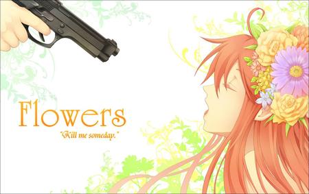 Anime - white, gun, flowers, girl