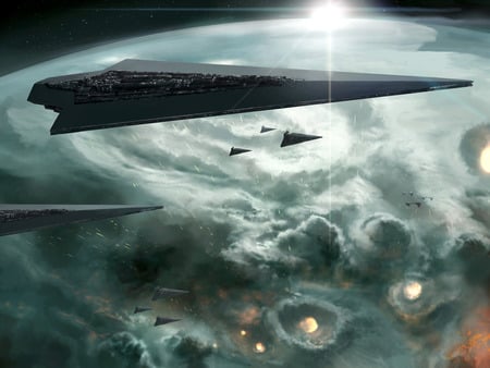 star destroyers shoots planet - star, imperial, destroyer