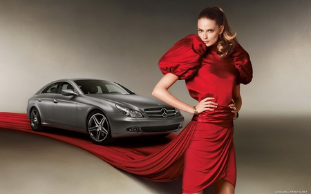 Model&Mercedes - red, girl, car, model