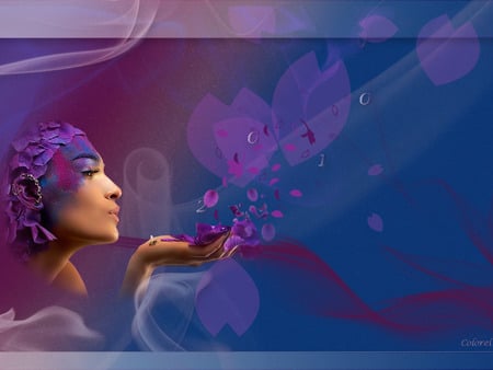 Breath - woman, purple, blow, breath, petals, blue, flowers, fantasy