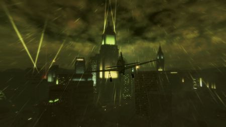 Dark Sky of a Big City - hd, skyscraper, sky, city lights, saints row 2, dark, high definition, plane