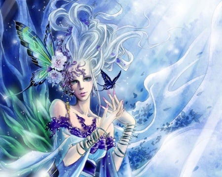 Butterfly Dream - anime, anime girl, female, wing, magic, blue, hot, girl, flower, fantasy, white, green, wings, butterfly, cute, sexy