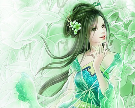 Wind in the green - pretty, anime, female, maiden, oriental, nice, anime girl, beautiful, hot, girl, chinese, beauty, lovely, sweet, flower, green, cute, leaf, sexy, leave