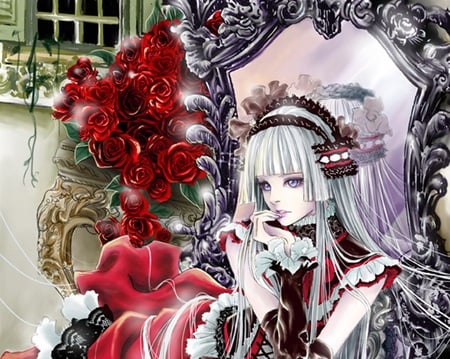 Pandora\'s Room - beauty, nice, roses, female, hot, anime girl, rose, art, pretty, anime, cute, sexy, girl, lovely, beautiful, mirror, red, sweet, flower