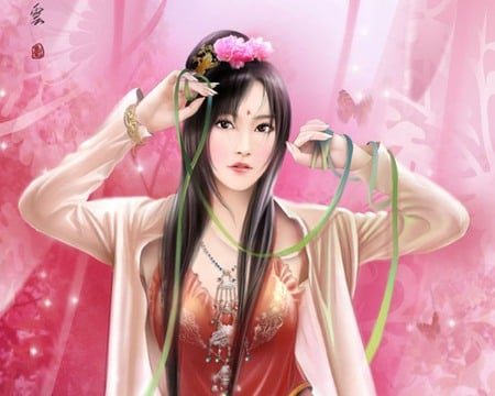 Chinese Girl - flower, cute, maiden, beautiful, hot, anime girl, girl, oriental, wings, ribbon, chinese, fantasy, magic, red, pink, pretty, wing, beauty, sweet, anime, butterfly, nice, lovely, sexy, female