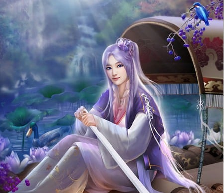 Ship - pretty, bird, duck, anime, magic, female, boat, scene, maiden, oriental, animal, purple, nice, lotus, anime girl, water, beautiful, hot, pond, ship, girl, chinese, scenic, water lily, beauty, lovely, sweet, flower, fantasy, waterfall, cute, sexy