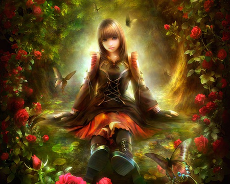 Butterfly Girl - roses, anime, magic, female, wing, children, light, child, sit, sitting, anime girl, kid, hot, girl, flower, fantasy, wings, butterfly, rose, cute, sexy