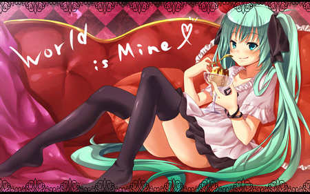 vocaloid - world is mine, vocaloid, twintails, skirt, thighhighs, food, hatsune miku, ice cream, aqua eyes, aqua hair