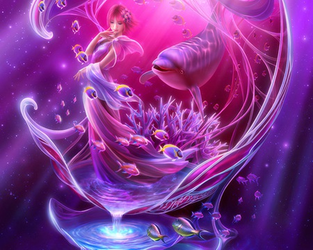 Water of Life - female, hot, magic, water, anime girl, fantasy, underwater, coral, anime, cute, sexy, girl, light, star, pink, fish, animal, dolphin