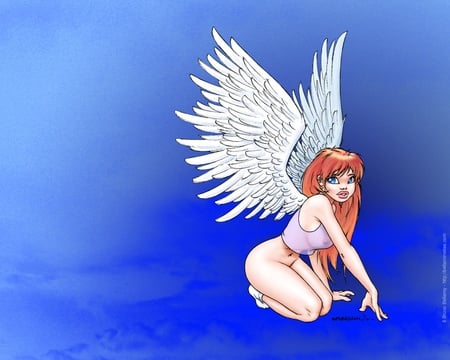 ~April Angel~ - white tee, pretty, angel, red head, angel wings, cute, fantasy