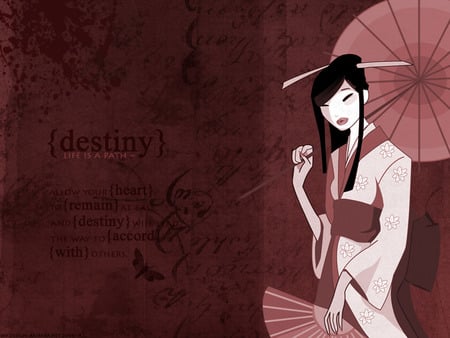 wallpaper - fan, gisha, umbrella, red, kimono, saying