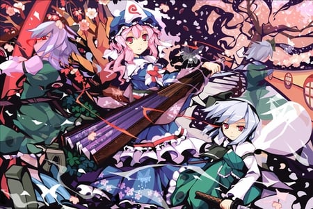 Anime - saigyouji yuyuko, myon, ayori, sword, fan, red eyes, ideolo, touhou, konpaku youmu