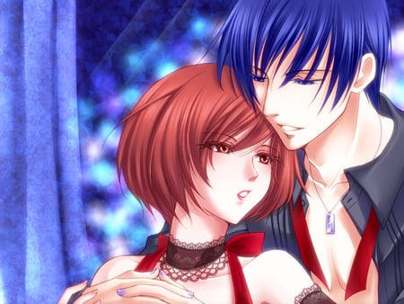 Kaito & Meiko - brown eyes, anime, girl, romance, brown hair, love, boy, blue hair, short, couple, blue eyes