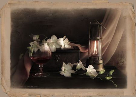 Still life - white, flame, orchids, drink, dark, flowers, black, flower