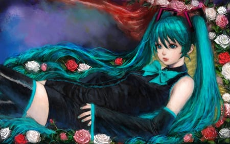 Miku - hatsune miku, sexy, girl, twintails, blue eyes, long hair, blue hair, vocaloid, anime, flowers, cute