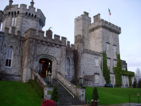 Dromoland Castle - lawn, brick, flag, castle, stairs, green, grass