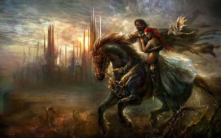 ~Chase of the Dragon~ - woman, horse, castle, long hair, dragon, knight, flight, fantasy