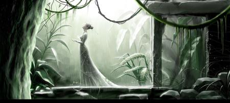 Back to life - woman, green, forest, rain