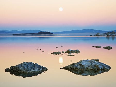 Moonrise over Mono Lake - water, stones, peaceful, lake, relaxing, moon, sunset, moonrise, calm