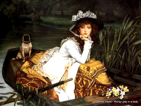 James Tissot - Young Lady in a boat - abstract, pond, beautiful, boat, tissot, dog, james, animal, lady, painting, woman, james tissot, lake, place, art, other