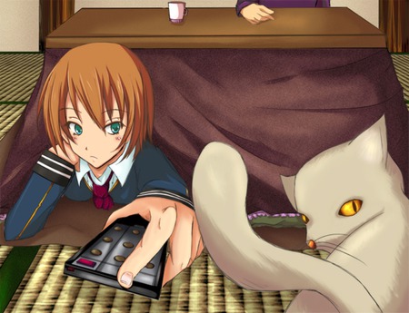 anime girl - anime, remote, cute, cat