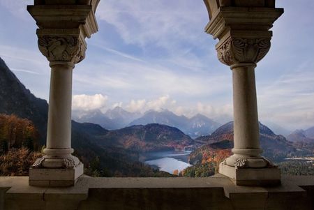 balcony view - lake, balcony, mountains, colonnade, sky