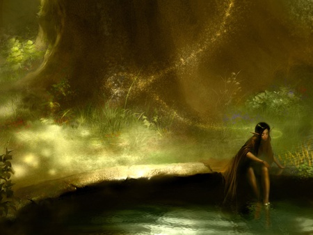 Elf Girl Bathing - grass, hd, plants, nice, art, bathing, women, abstract, water, beautiful, photoshop, girl, 3d and cg, gold, elf, fantasy, lights, green, woman