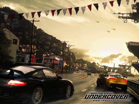 need for speed -undercover two car racing - game, chasing, cars, yellow, videogame, racing, need for speed-undercover, port race, black, back to back, ea gmae