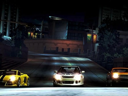 need for speed -underground,ready for race - street, need for speed-underground, light, cars, night, white, three, racing, game, yellow, orange