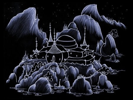 Night Castle - abstract, black, fantasy, purple, night, art, castle