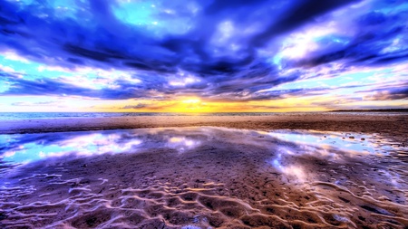 Beyond Expectation - sky, sparkling, ray, reflection, clouds, beach, sea, sunrise