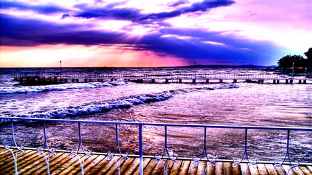 Gushing Flow Of Wave - sky, ocean, reflection, railing, sun, ray, wave, platform