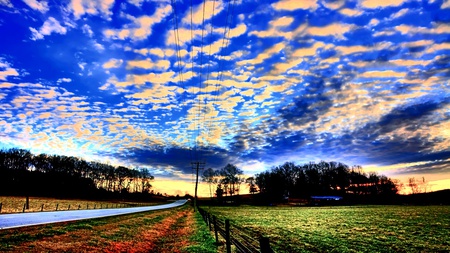 Holy... Shit - sky, farm, sunlight, forest, clouds, field, road