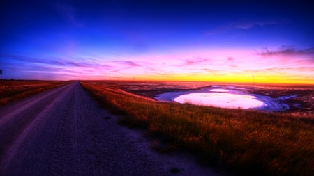 Road To Blessing - pond, ray, road, field, bushes, sunset, colorful