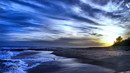 Sensation Breeze - sunlight, trees, blue, beach, sea, wave, sky