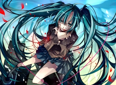 Hatsune Miku - hatsune miku, hurt, sexy, girl, twintails, sad, blue eyes, long hair, patches, blood, blue hair, vocaloid, pain, anime, cute