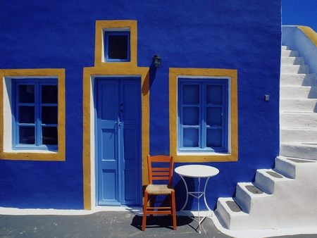 Santorini steps - house, greek, blue, beautiful, window, table, steps, chair, santorini, door, stairs, white, greece, nice