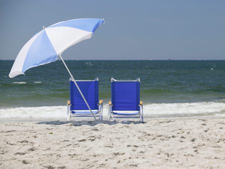 Beach Loungers - beach, sky, sun, water, summer, relaxing, nature, chair, lounge, blue, umbrella, sunny, sea, sand, relax