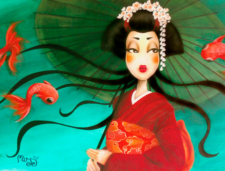 geisha with koi girl.jpg - oriental, koi, geisha, fish, girl