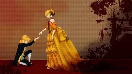 The queen and her servant - sexy, servant, girl, kagamine rin, blue eyes, blood, queen, blonde hair, boy, vocaloid, anime, kagamine len, cute, short hair