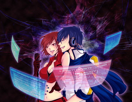 Kaito & Meiko - anime, vocaloid, meiko, girl, red eyes, short hair, boy, red hair, kaito, blue hair, cute, couple, sexy