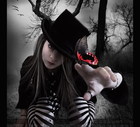 Butterfly - girls, hot, animals, eyes, face, cool, dark, stocking, birds, adorable, wallpaper, butterfly, beautiful, weird things people wear, women, trees, lips, female, hat, fantasy, gothic, black, black gothic cry and butterfly, halloween, pretty, cute, girl, lovely, cg, crow, abstract, love four seasons, stripe, twilight, butterfly designs, colors