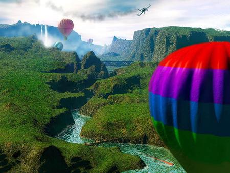 Balloons - abstract, trees, water, balloons, mountain, sky