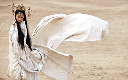 Asian beauty - white, jewelry, head dress, sand, chinese, black, gold