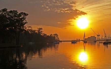 Sunset Image - clouds, trees, water, sunrise, dock, boats, skies, sunset, sun