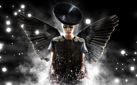 Black Angel - hat, angel, hair, wings, black