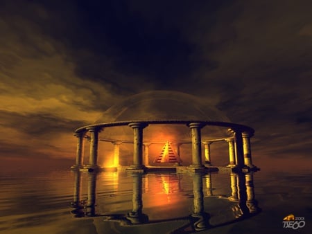 temple - cg, lights, temple, sea, sky, dome